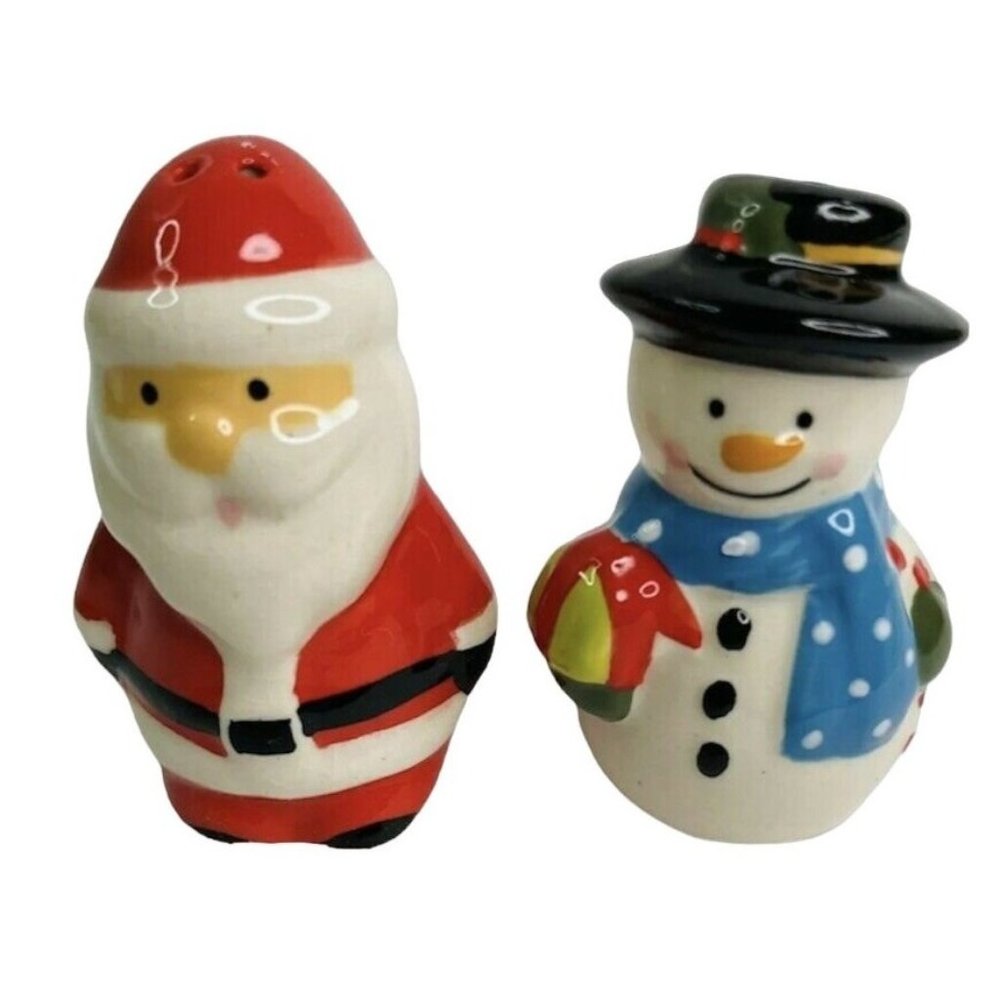 Santa and Snowman Salt & Pepper Shaker Set Christmas Unused Small 2.5" Vintage